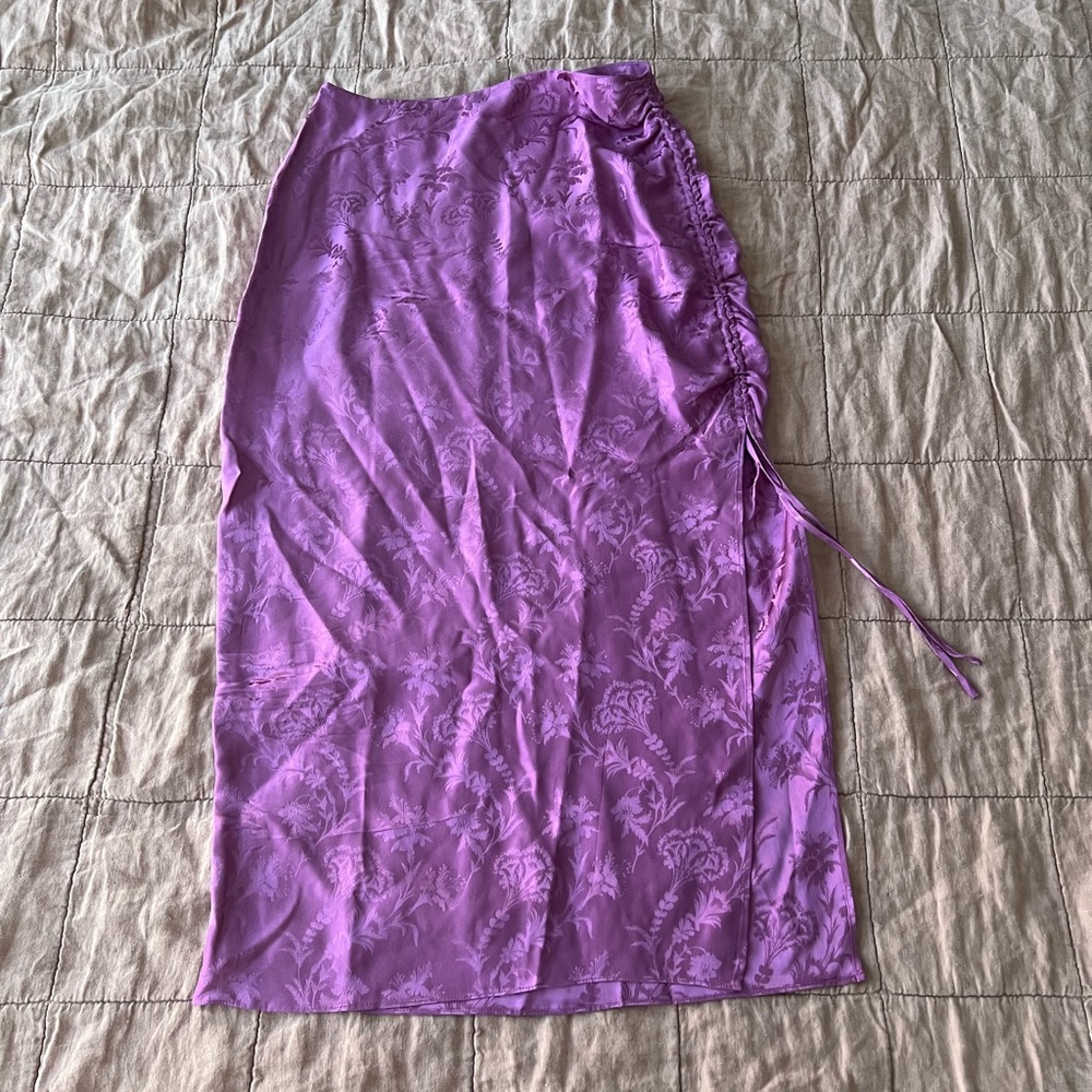 PAIGE Pink Silk Ruched midi skirt XSmall Damask Floral Women's Dusty Plum 90s - Picture 4 of 13